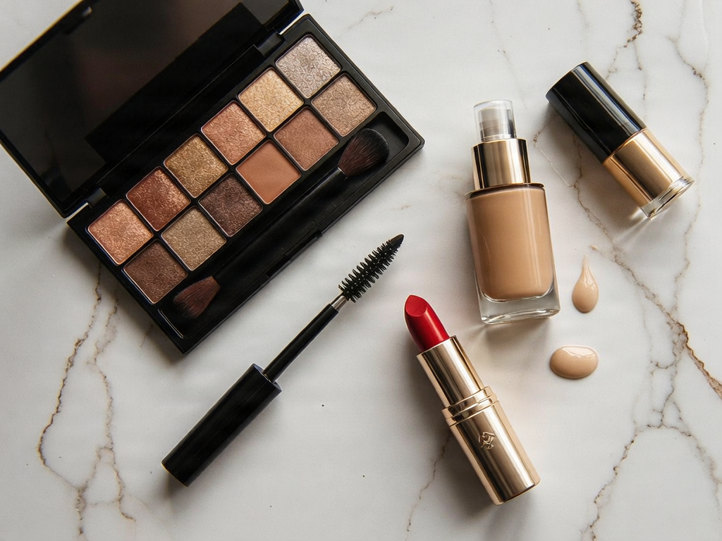 Makeup products flat lay — makeup category editorial image